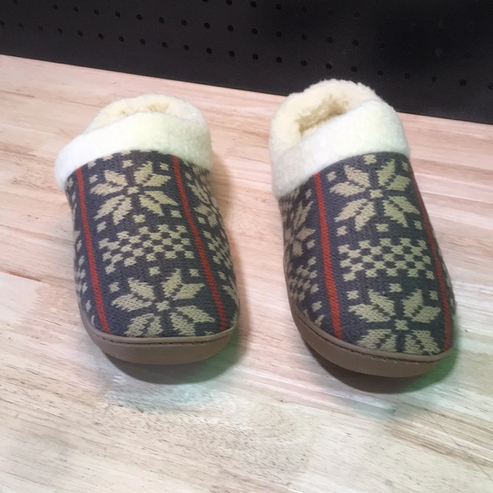 New‎ WB Mens Deer Stags Sherpa-Lined Fair Isle Slippers - Brown & Cream